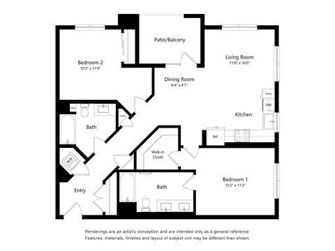 Floor plan for 2 beds, 2 baths, 1130 sqft